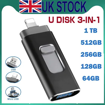 2TB 1TB 3in1 USB 3.0 Flash Drive Memory Photo Stick Pen For Ipad Iphone Android • £10.99