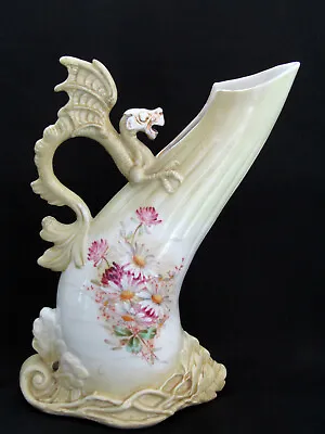 $125 • Buy Antique Hand Painted Porcelain Floral Vase With Dragon Handle