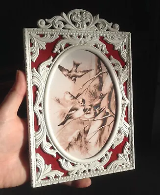 £16.75 • Buy Rococo Style Acanthus Leaf & Pierced White Metal Frame Xmas Red Flock Backing
