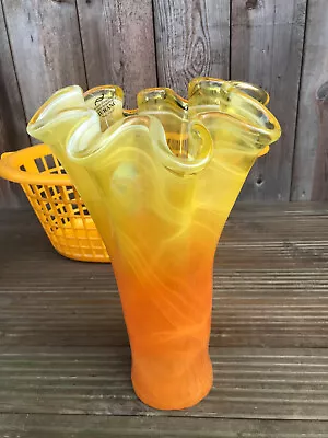 Murano Striking Art Glass Orange Yellow Vase Handkerchief Stretch Italy Nwt • £49.99