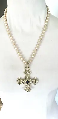 Maltese Cross Rhinestones And Faux Sapphire On Faux Peal Necklace Vintage • $49