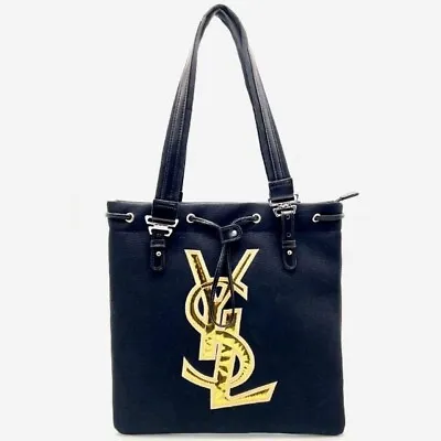 Yves Saint Laurent Black Tote Bag Handbag Canvas Cosmetics Gold Logo NEW • $161.56