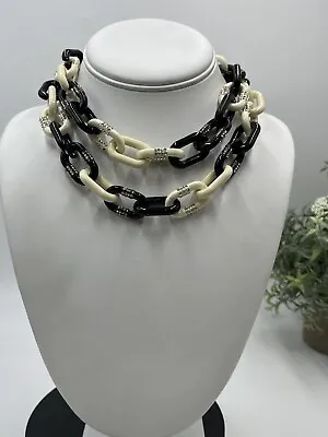 J. Crew Heavy Chain Link Cream Black Enamel Long Necklace With Pave Rhinestones • $34.91