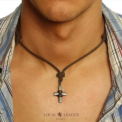 Mens CROSS Pendant Necklace Adjustable Leather Cord GIFT For Boys Him Men Beads • £8.95