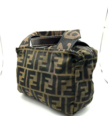 FENDI Vintage Zucca Mini Hand Bag Tote Pouch FF Logo Nylon Canvas Brown • $269