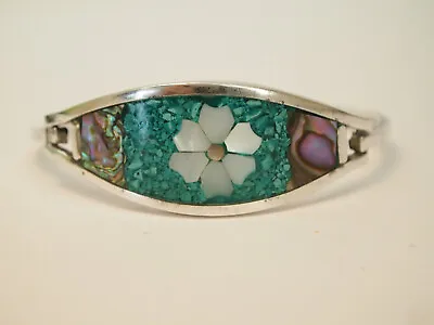 Vintage Jewelry Alpaca Hinged Bracelet Turquoise Enamel Mother Of Pearl Flower • $14.99