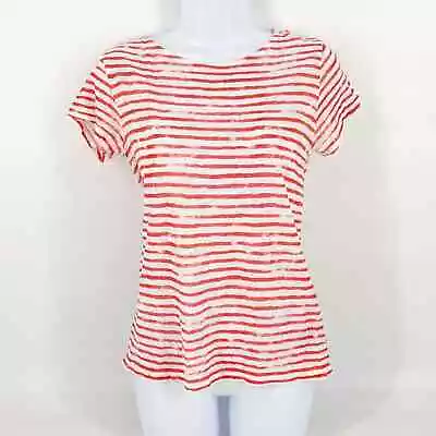 Majestic Filatures Womens Tomato Red Printed Stripe Short Sleeve Linen T Small • $28.04