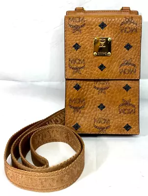 MCM Visetos Cognac Leather Phone Case / Wallet Crossbody Bag • $399.99