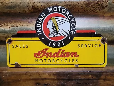 Vintage Indian Motorcycle Porcelain Sign Old Hendee Service Dealer Sale Service • $184.31