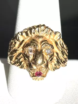 $550 • Buy Mens 14k Yellow Gold Diamond And Ruby Lion Ring Size 11.5