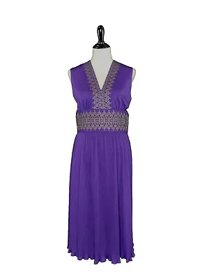 Vintage Alfred Shaheen Royal Purple Gold Pleated V-Neck Dress SIZE 14 Mardi Gras • $179.95