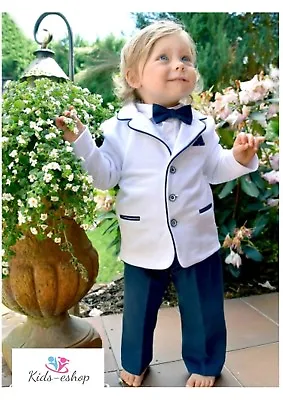 Baby Boy Formal Suit Pageboy Outfit White Navy White Shirt Hat 0-18M • £29