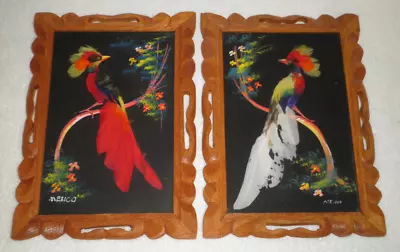 Vintage Carved Wood Framed Mexican Feather Art Feathercraft Bird Picture Pair • $20