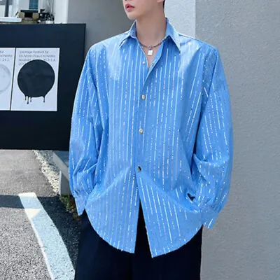 Men Glitter Sequins Striped Collared Shirt Blouse Top Long Sleeve Loose • £44.39