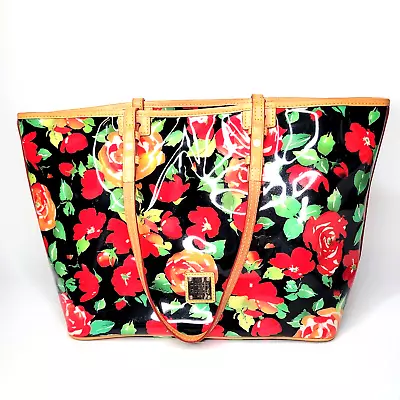 Dooney & Bourke Rose Garden Tote Black Red Floral PVC +Tan Leather Accents VGUC • $74.95