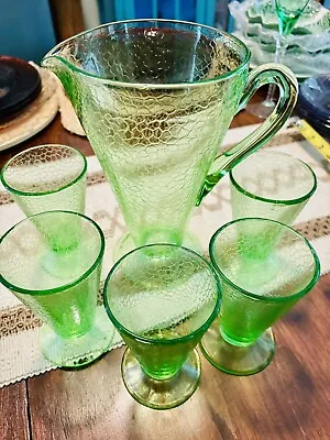 Vintage Depression VaselineCrackle Green Glass Pitcher Tumbler Set • $78