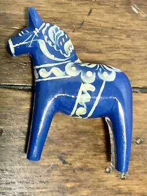 Vintage Blue And White Wood Dala Horse Brooch Pin • $12.99