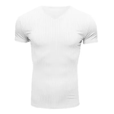 Men V Neck Short Sleeve Tops T-shirt Slim Fit Stretch Sport Gym Muscle Tee Tunic • $13.38