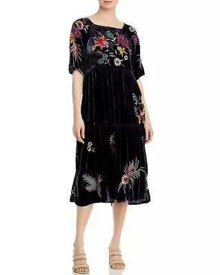 BNWT Johnny Was Tiarei Embroidered Velvet Raglan Tiered Dress Midnight M $445 • $311.50