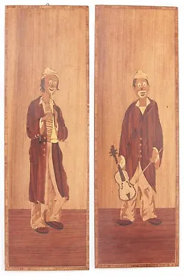 Vintage Pair Wood Inlaid Marquetry Picture Circus Clown Musical Instruments Art • $34.99