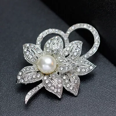 Glamorous Rhinestone Flower Brooch For Lapel Collar Pearl Corsage Clasp Clip • £7.19