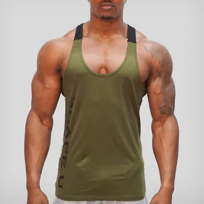 Men's T Shirt Y-Back Muscle Workout Tank Tops Summer Training Gym Sports Vest ♬ • £9.59
