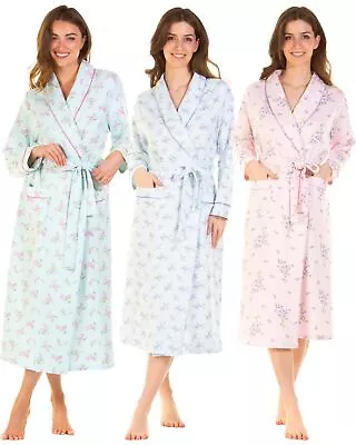 La Marquise Robe Mock Quilt Cotton Rich Long Sleeve Floral Wrap Dressing Gown • £24.99