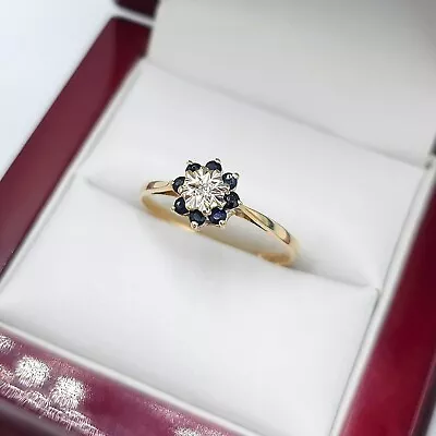 9ct Solid Yellow Gold Natural Sapphire & Diamond Flower Ring - Size O 1/2 • £60