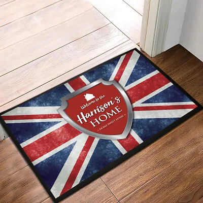 Personalised Any Name Home Chrome  Label Union Jack Flag In-door Mat 60 X 40 Cm  • £23.90