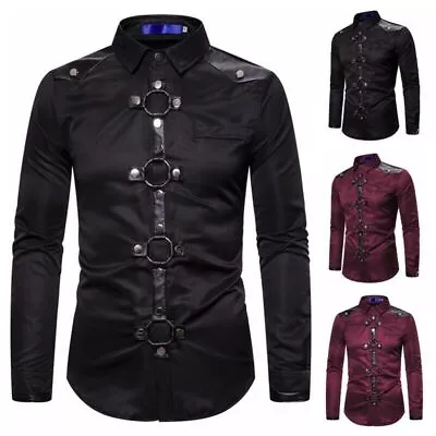 Men's Retro Style Gothic Steampunk Shirt Rivet Long Sleeve Tops Button Front Hot • £23.51