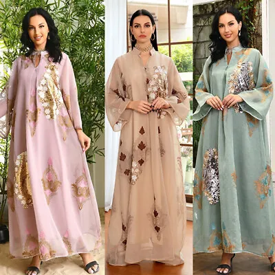 Moroccan Embroidery Sequin Kaftan Robe Women Muslim Maxi Dress Abaya Caftan Gown • $46.58