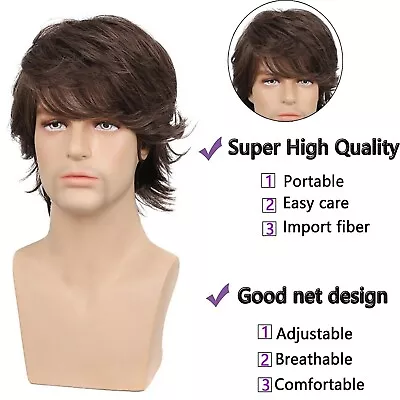 Mens Brown Wig Short Hair Synthetic Heat Resistant Natural Wavy Male Wigs Bangs • $10.99