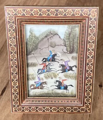 Vintage Persian Painting Horse Or Polo Scene Inlaid Wood Frame 7” By 5” • $24.99
