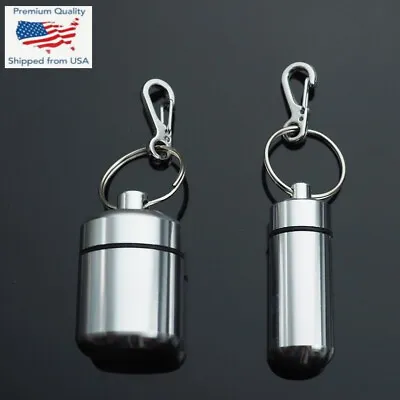 2pcs Set Waterproof Aluminum Pill Container Capsule Bottle Keychain Clip Silver • $8.49