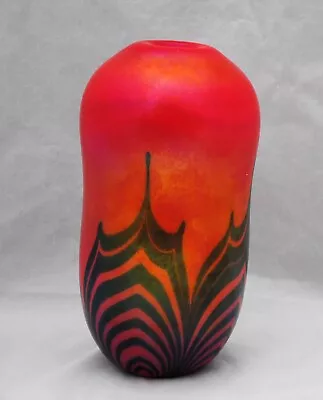 Charles Lotton Red Art Glass 8 In. Vase Blue Pulled Feather Decoration 1974 • $450