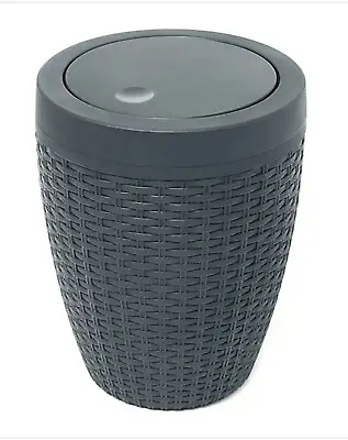 ADDIS 5L Faux Rattan Round Swing Lid Bathroom Bin - Charcoal • £12.99