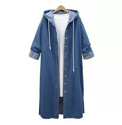 UK Womens Long Denim Jacket Loose Casual Hoodies Long Sleeve Coat Hooded Outwear • £15.23