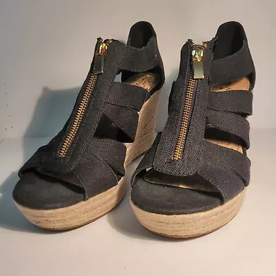 Merona Sandals Women's 11 Espadrille High Wedge Zipper 17730 Black Canvas Casual • $19.95