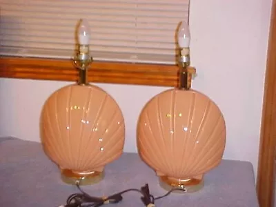 VTG PEACH Pair Of Ceramic Clam Shell Table Bedside Boudoir Lamps 17  Tall • $45