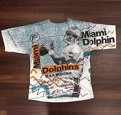 VTG 90’s Miami Dolphins NFL Dan Marino AOP Shirt Men Sz L Single Stitch • $150