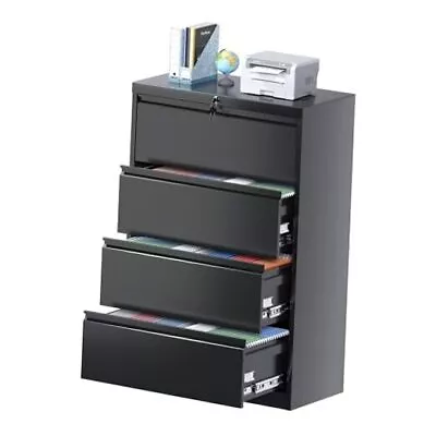 Lateral 4 Drawer File Cabinet Locking Metal File Cabinet W35.43-4 Drawer Black • $305.67