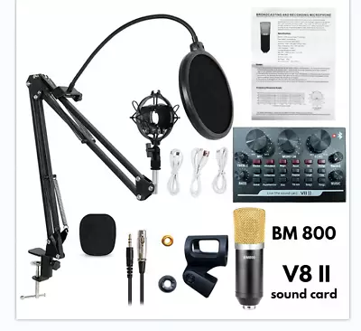 BM-800 Condenser Mic Kit: Studio Pop Filter Scissor Arm V8 II Sound Card • $24.99
