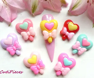 10pc Big Lolly Pop Heart Bow Lollipop Candy Nail Art Craft Kawaii Embellishment • £3.95