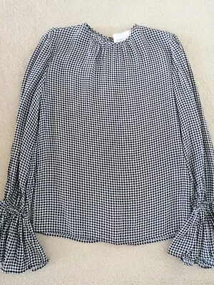Viktoria & Woods Size 0 AU 6 Silk Black White Bell Sleeve Back Button Blouse EUC • $34.99