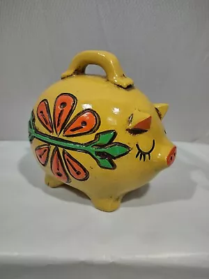 Vintage Pig Piggy Bank 70's Farm Resin Yellow Orange Green No Stopper 5 H X 6  L • $12