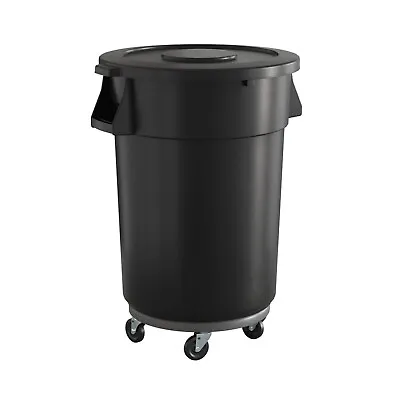 Commercial Round Plastic Trash Can With Lid And Dolly 44 Gallon Black • $198.99