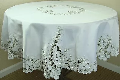 Round 70  Polyester Ivory Peacock Embroidered Embroidery Tablecloth 8 Napkins • $45