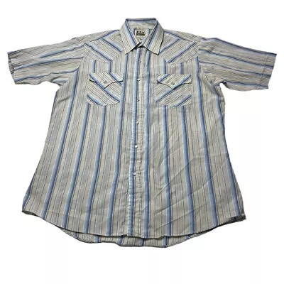 Western Shirt Short Sleeve Size 15.5 / M Beige Multi Stripe Summer Cowboy Ranch • £9.95