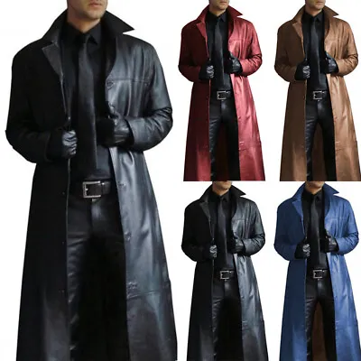 Mens PU Leather Trench Long Coat Single Breasted Lapel Slim Windbreaker Jacket/ • $36.69