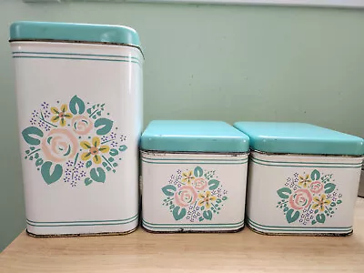 Vintage 1950`s Metal Kitchen Canister Set Of 3. Turquoise Lids. Floral Design • $25.86